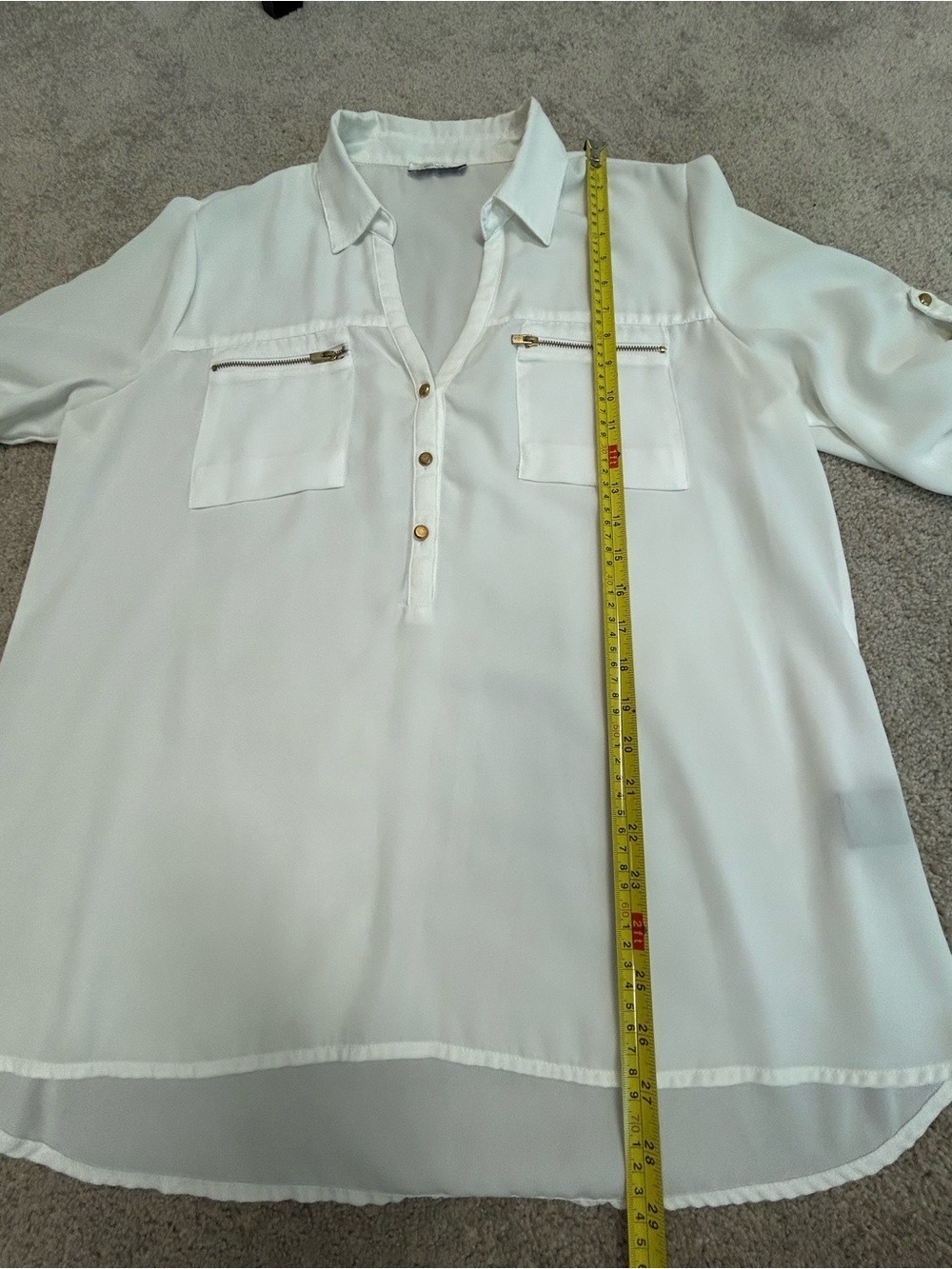 Mandee White Utility Pocket V-neck half button down Blouse roll tab sleeve XL - Picture 7 of 13